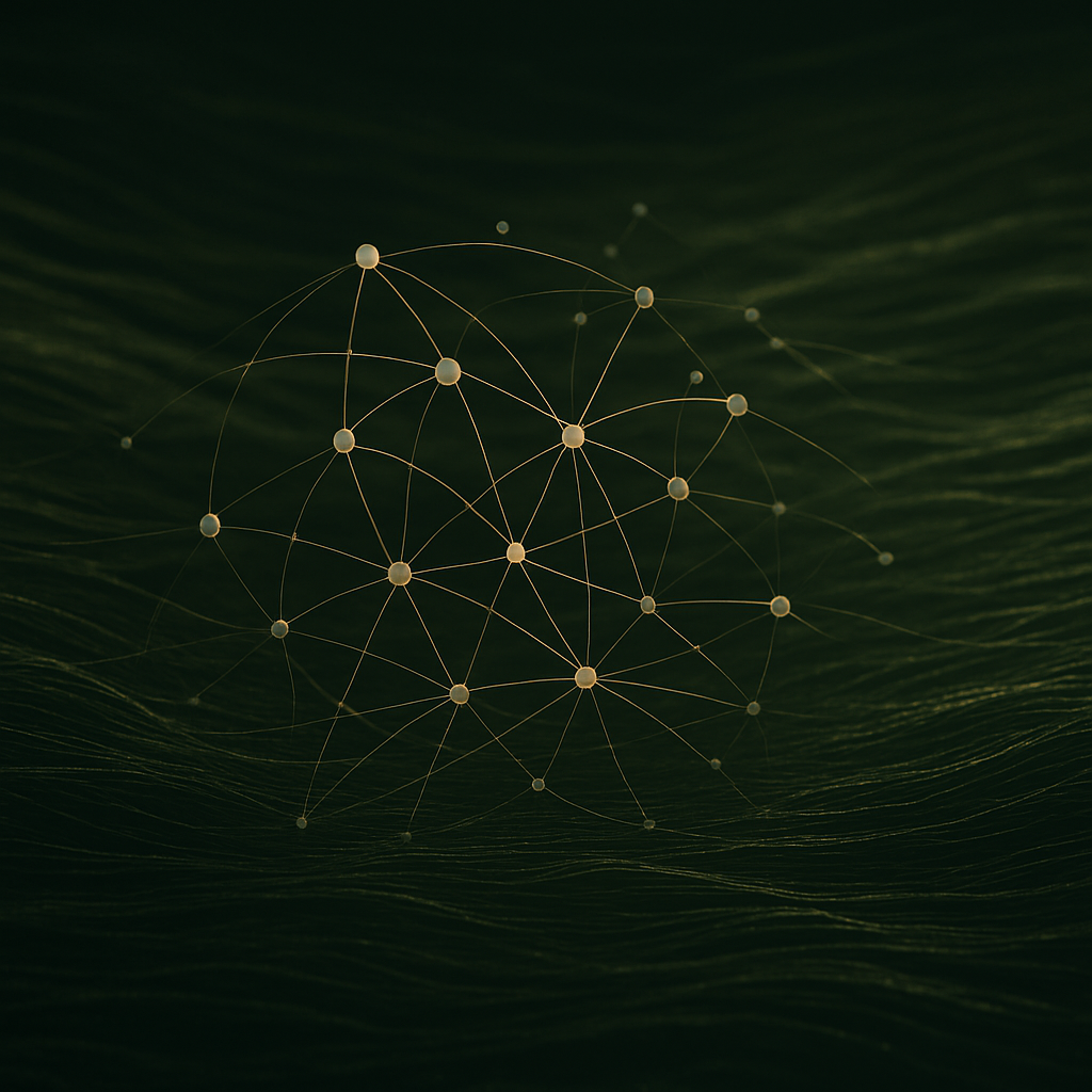 A highresolution cinematic visualization of an interconnected intelligence network emerging from streams of diverse data sources The network is rendered in dark olive and green olive tones with fine amber highlights marking critical connections The c-1