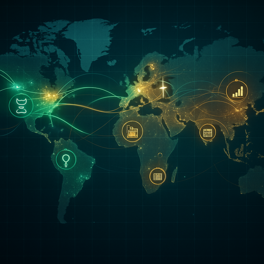 The visual representation features a vast detailed world map meticulously designed with a gridlike overlay that emphasizes key geographic areas of innovation Bright luminescent lines in vibrant shades of green and amber weave across the map illustrat